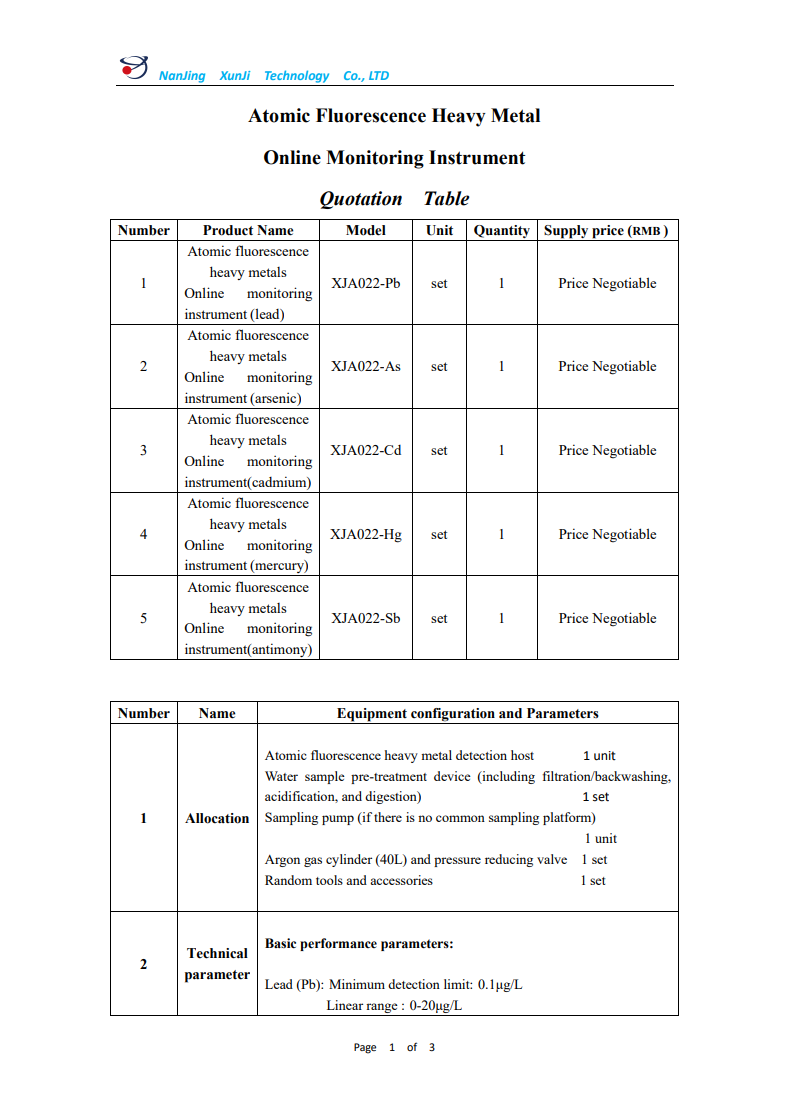 Quotation table and equipment configuration, page 1