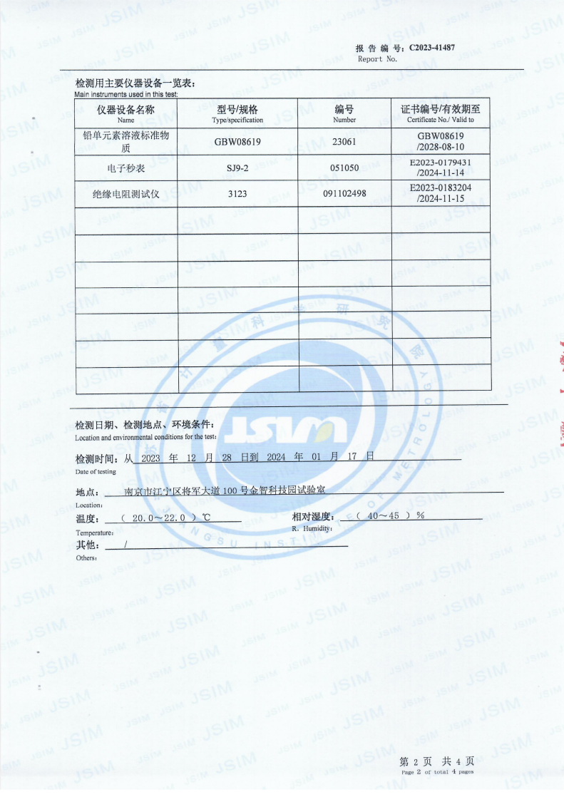 Lead Test Report: Test equipment and conditions